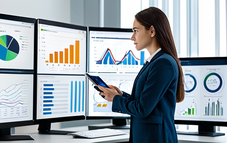 A focused professional data scientist, male or female, in smart business casual attire, working diligently at a modern workstation. Multiple screens display intricate data visualizations, complex algorithms, and predictive analytics models related to customer retention, highlighting patterns and insights. The office environment is clean and brightly lit, with a subtle futuristic feel, representing the integration of AI and machine learning in the insurance industry. fully clothed, modest clothing, appropriate attire, professional dress, perfect anatomy, correct proportions, natural pose, well-formed hands, proper finger count, natural body proportions, safe for work, appropriate content, professional, high quality, realistic photography.
