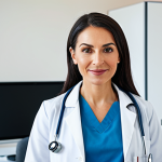 **

A professional female doctor in a clean and bright hospital office, wearing a white coat and stethoscope, fully clothed, appropriate attire, safe for work, perfect anatomy, natural proportions, professional medical photography, high quality, friendly expression, modern medical equipment in background, modest and family-friendly.

**