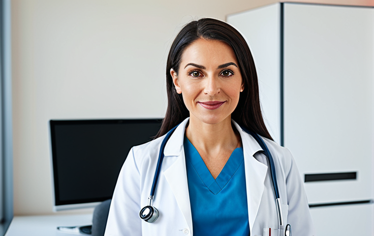 **

A professional female doctor in a clean and bright hospital office, wearing a white coat and stethoscope, fully clothed, appropriate attire, safe for work, perfect anatomy, natural proportions, professional medical photography, high quality, friendly expression, modern medical equipment in background, modest and family-friendly.

**