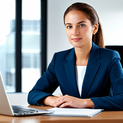Home 14 **Professional Businesswoman:**
"A professional businesswoman in a modest business suit, sitting at a desk in a modern office, fully clothed, appropriate attire, safe for work, perfect anatomy, natural proportions, professional photography, high quality"