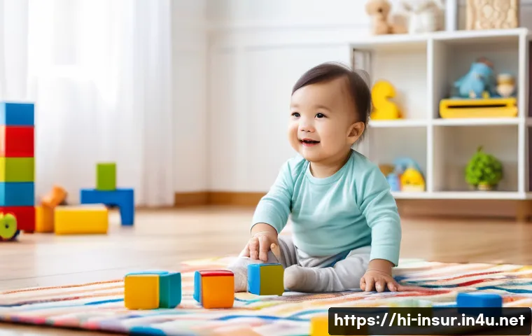보험계리사와 보험 리스크 조정 - **Prompt:** A toddler wearing a clean diaper, playing with colorful building blocks on a soft, patte...