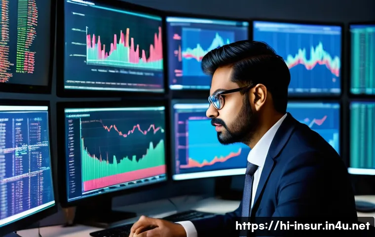 보험계리사와 수익성 분석 - A professional actuary in a modern office setting, analyzing complex risk assessment data on multipl...