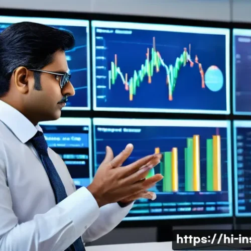 보험계리사와 금융 시장 동향 분석 - A detailed professional scene inside a modern insurance company office, featuring an Indian actuary ...