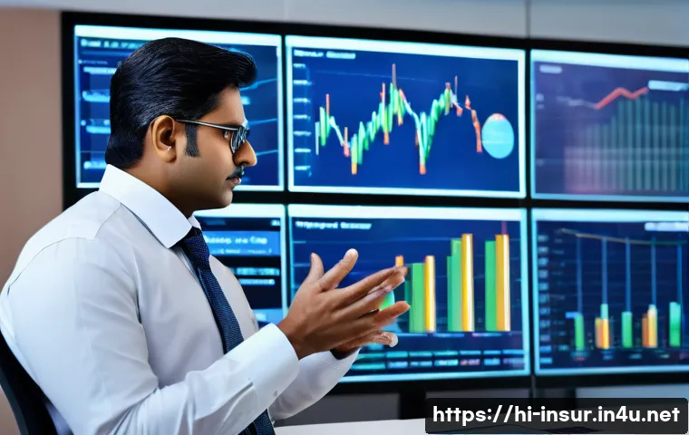 보험계리사와 금융 시장 동향 분석 - A detailed professional scene inside a modern insurance company office, featuring an Indian actuary ...