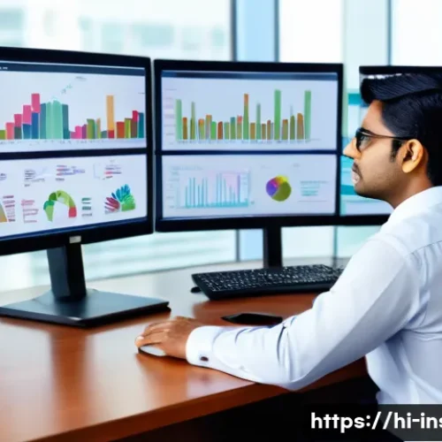 Home 17 보험계리사와 비용 절감 사례 - A professional Indian actuary in a modern office setting, analyzing complex insurance risk data on m...