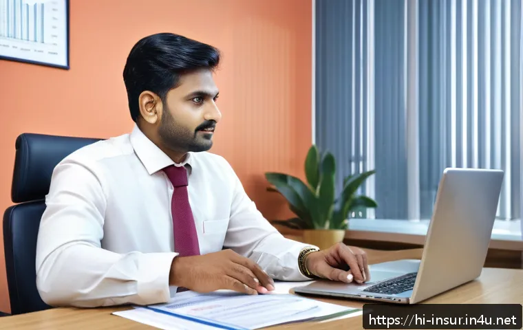보험계리사로서 알아야 할 법률 - A professional Indian insurance agent in formal business attire, sitting at a modern desk with a lap...