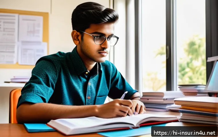 보험계리사 시험 난이도 분석 - A focused Indian student studying actuarial science at a desk filled with textbooks on insurance mat...