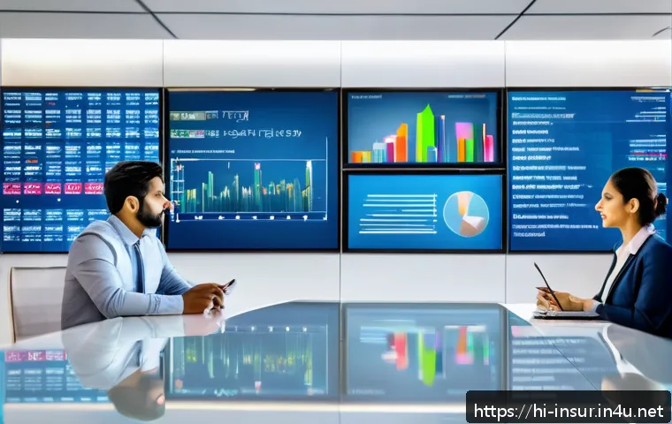 보험계리사와 디지털 보험 전략 - A modern insurance office setting in India with a diverse team of insurance mathematicians analyzing...