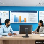 보험계리사와 규제 변화 사례 - A modern insurance office scene featuring a diverse group of Hindi-speaking clients and professional...