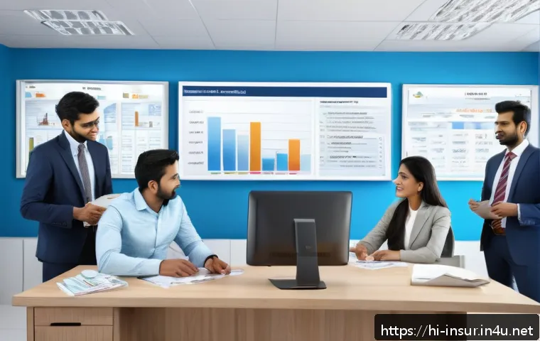 보험계리사와 규제 변화 사례 - A modern insurance office scene featuring a diverse group of Hindi-speaking clients and professional...