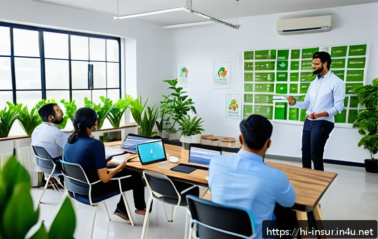 보험계리사와 보험사 인사 정책 - A modern insurance company office scene showing diverse employees engaging in a mental health worksh...