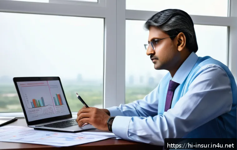 보험계리사와 보장 범위 설계 - A professional Indian actuary in an office setting, analyzing complex mathematical charts and probab...