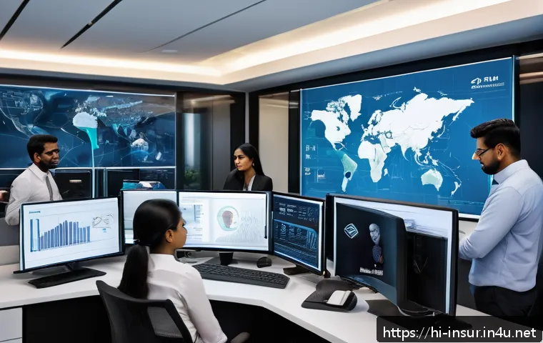 보험계리사와 보험료 민감도 분석 - A modern insurance office environment showing a diverse team of professionals collaborating intensel...