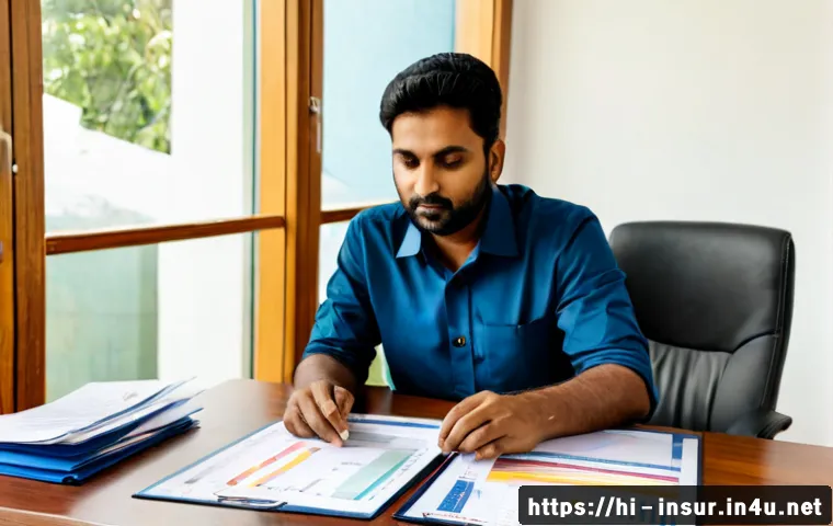 Home 17 보험계리사와 보험 통합 관리 - Photorealistic Indian insurance actuary in a professional office, calmly reviewing colorful risk cha...