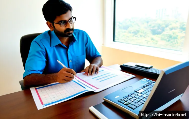 보험계리사와 보험 금융 상품 비교 - Photorealistic Indian insurance actuary in a modern Mumbai-style office, professionally dressed, rev...