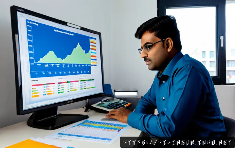 보험계리사와 리스크 정량화 - Photorealistic Indian actuarial analyst in a modern Mumbai office, reviewing colorful risk distribut...