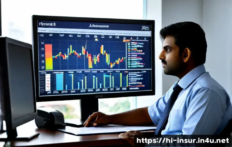 보험계리사와 보험 시장 예측 - Photorealistic Indian insurance actuary in a modern Mumbai office, professionally dressed, studying ...